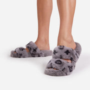 SLUMBER-PARTY FLUFFY PRINTED DETAIL FLAT SLIPPER IN PINK FAUX FUR