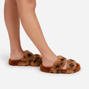SLUMBER-PARTY FLUFFY PRINTED DETAIL FLAT SLIPPER IN PINK FAUX FUR