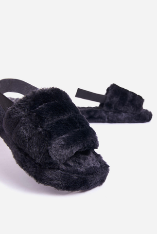 Studio Strap Fluffy Slippers In Black Faux Fur